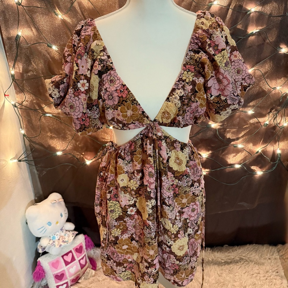 Floral Cutout Puff Sleeve Mini Dress - Pink & Brown